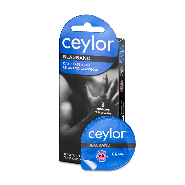 Ceylor «Blauband» 3 hautverträgliche Kondome mit Gleitcreme, verpackt im hygienischen Dösli